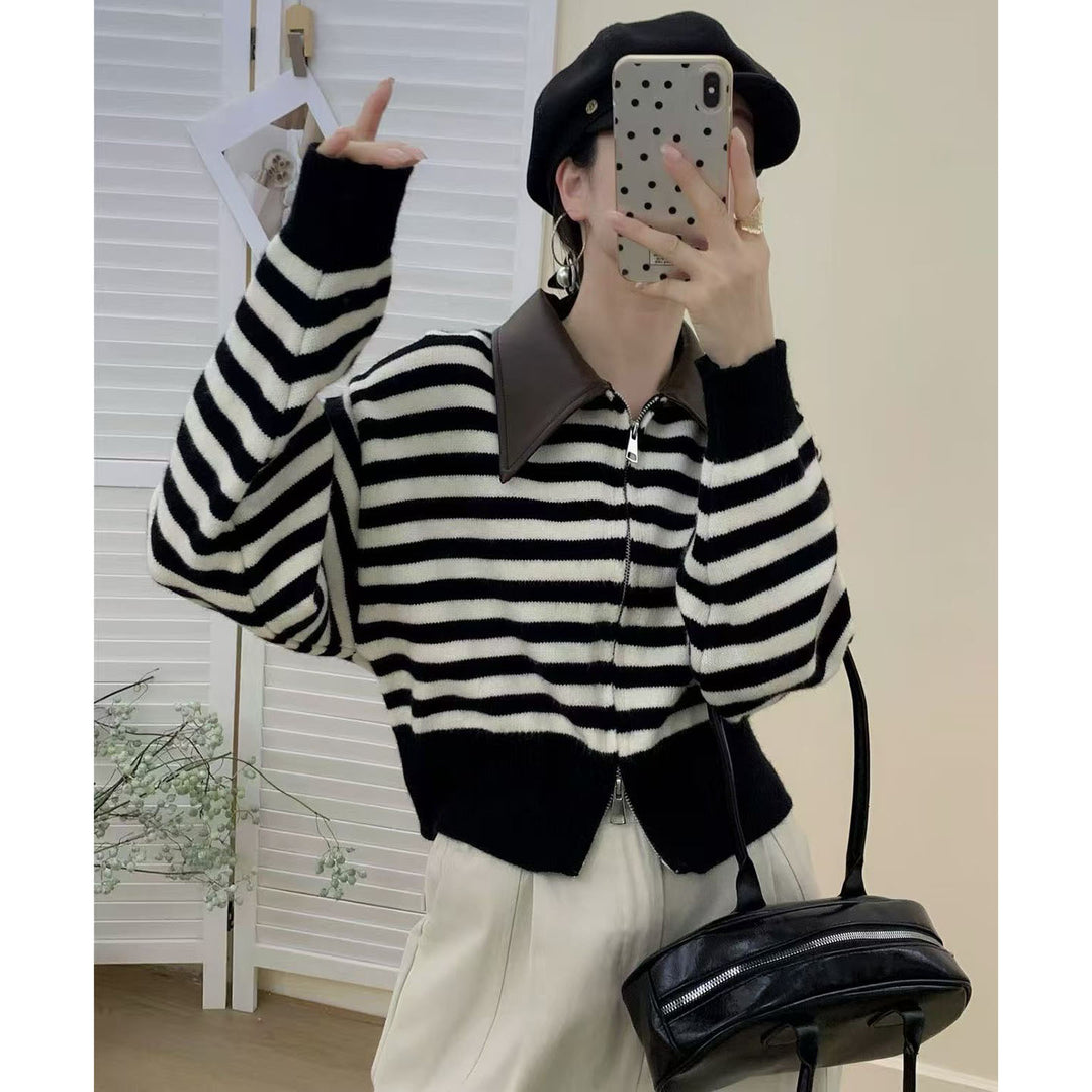 Damen Modischer Streifenpullover mit hohem Kragen und Reißverschluss Shop Nory