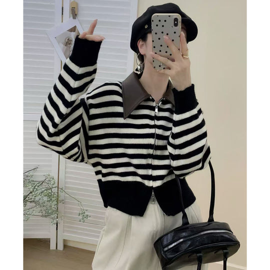 Damen Modischer Streifenpullover mit hohem Kragen und Reißverschluss Shop Nory