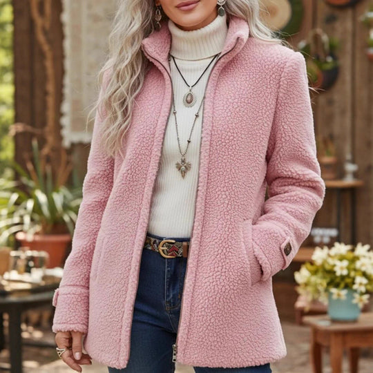 Damen Kuscheliger Teddy-Cardigan-Mantel mit Stehkragen, verdecktem Reißverschluss und Zierknopfmanschetten Shop Nory