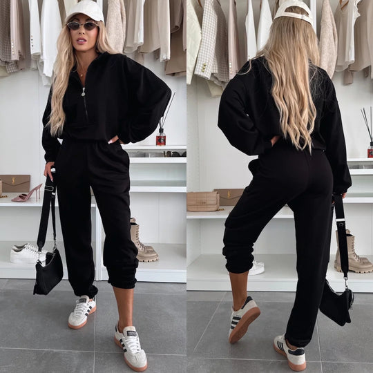 Damen kuscheliger Freizeit-Jogginganzug mit halbem Reißverschluss, Kängurutasche und elastischen Bündchen Shop Nory
