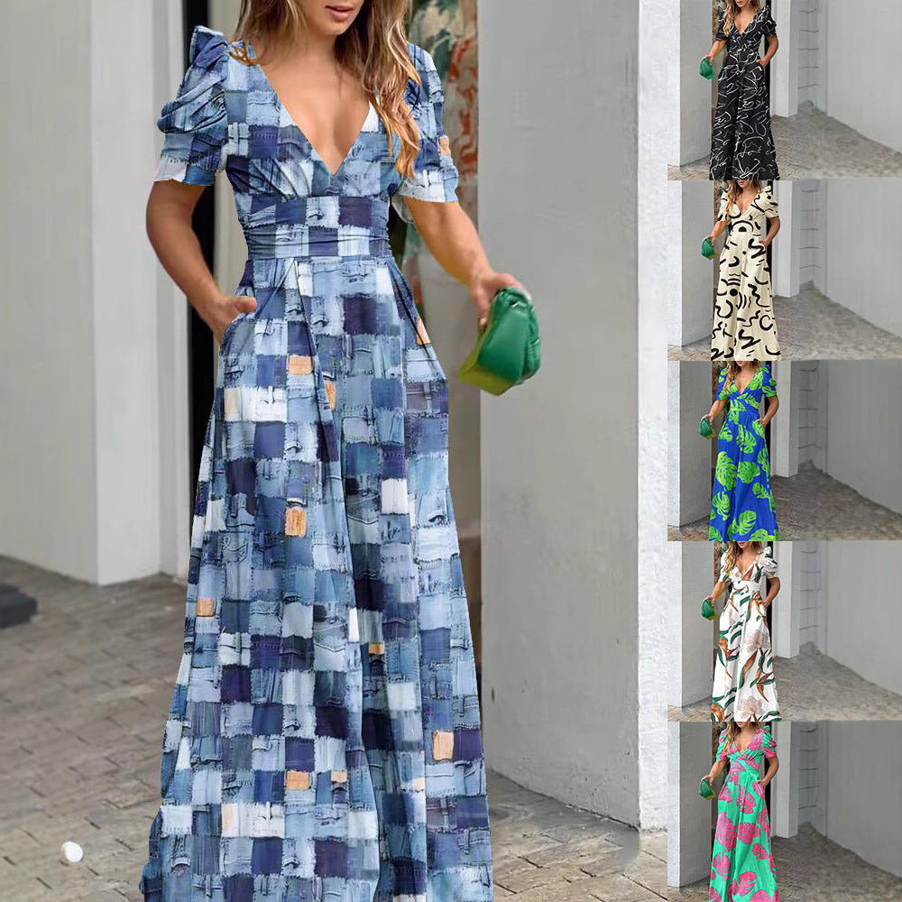 Damen Sommerliches Maxikleid mit voluminösen Puffärmeln und seitlichen Taschen Shopnory
