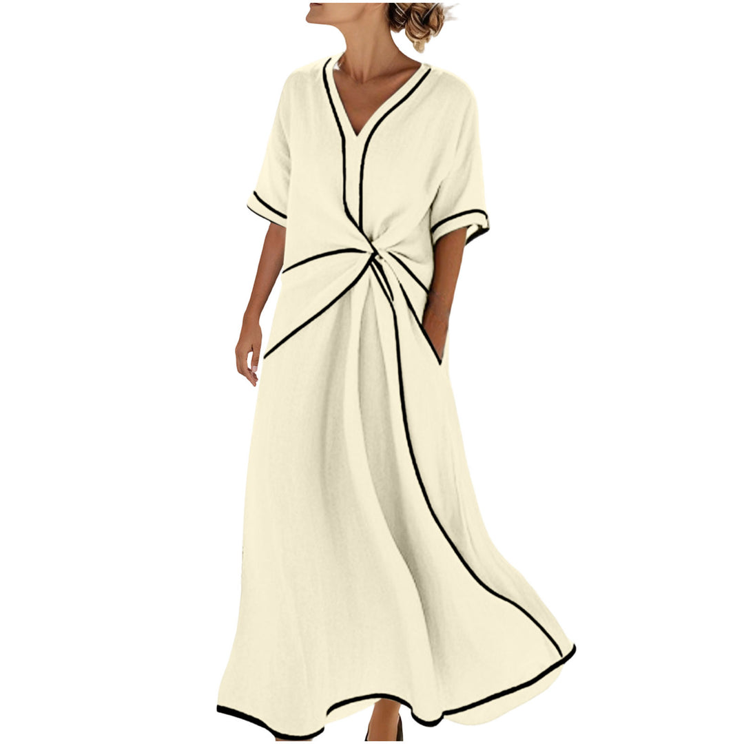 Damen Langes A-Linienkleid mit V‑Ausschnitt, Knoten-Detail und Kontrastpaspel Shop Nory
