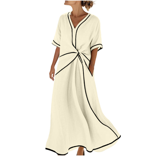 Damen Langes A-Linienkleid mit V‑Ausschnitt, Knoten-Detail und Kontrastpaspel Shop Nory