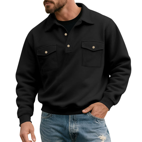 Herren nan legerer Button-Polo-Sweatshirt mit aufgesetzten Brustklappen und gerippten Bündchen Shop Nory