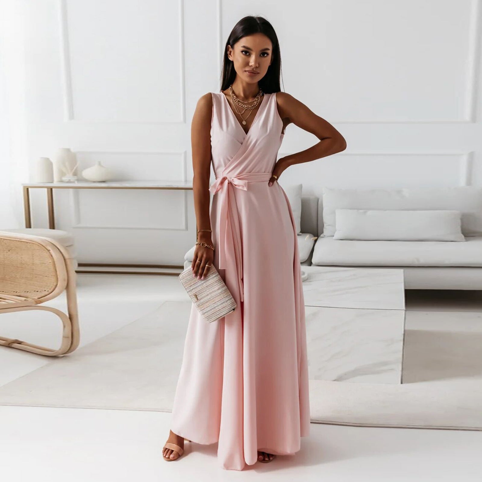 Damen elegantes Wickelkleid mit Taillengürtel