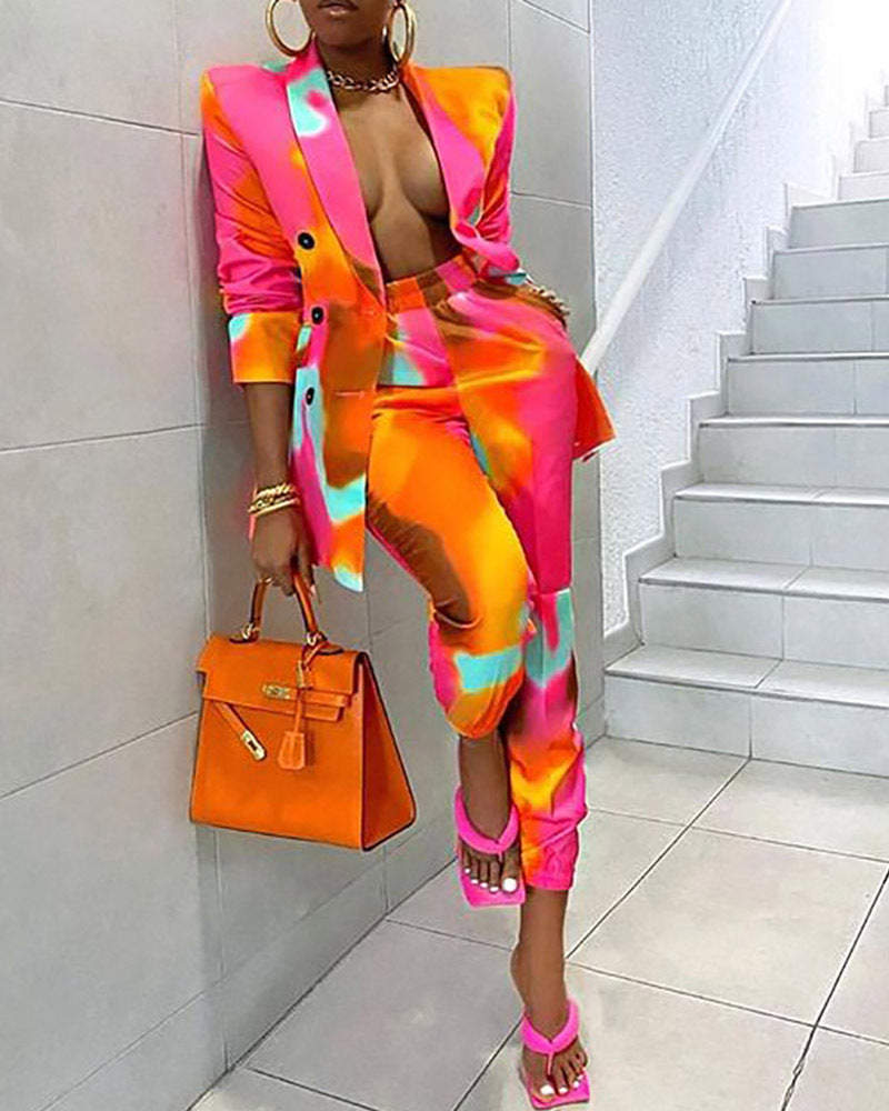 Damen Doppelreihiger Blazer und hochgeschnittene weite Jogger im Neon-Batik-Design Shop Nory