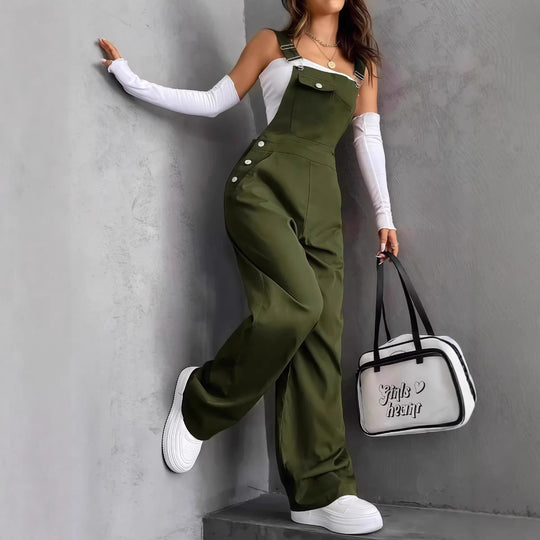 Damen nan weite Latzhose mit seitlichen Zierknöpfen, Brusttasche und weitem Bein Shop Nory