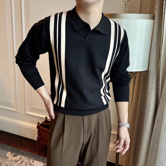 Herren Polokragen-Strickpullover mit markanten Längsstreifen und schmaler Passform Shop Nory
