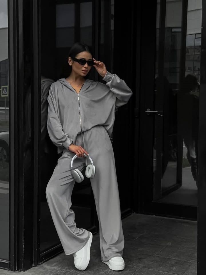 Damen luxuriöses Velours-Lounge-Set mit kurzem Reißverschluss-Hoodie und weitem High-Waist-Hose Shop Nory