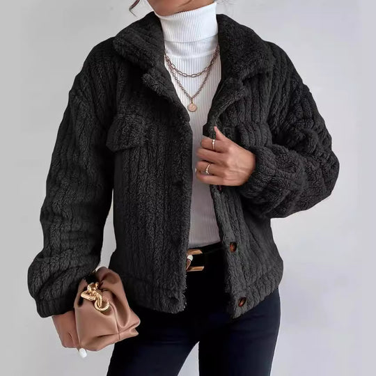 Damen nan kuschelige Teddyjacke mit Hemdkragen, Druckknopfverschluss und aufgesetzten Brusttaschen Shop Nory