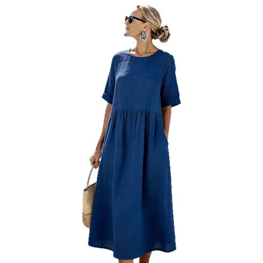 Damen Langes Leinenoptik-Sommerkleid mit geraffter Taillenpartie und Eingrifftaschen Shop Nory