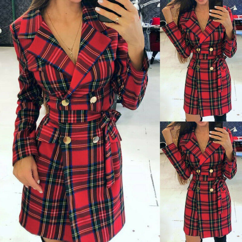 Damen Karierter Doppelreihiger Trenchcoat mit Taillengürtel Shop Nory