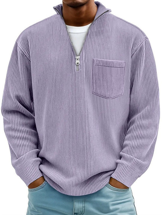 Herren Rippstrickpullover mit kurzem Reißverschluss und Brusttasche EB