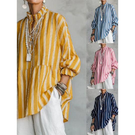 Damen Gestreifte Oversize-Tunika mit Rüschkragen und Ballonärmeln Shop Nory