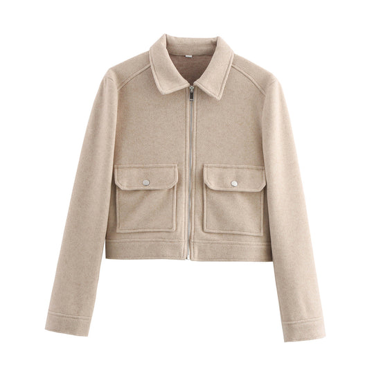 Damen kurze Boxy-Wolljacke mit durchgehendem Reißverschluss und aufgesetzten Pattentaschen Shop Nory