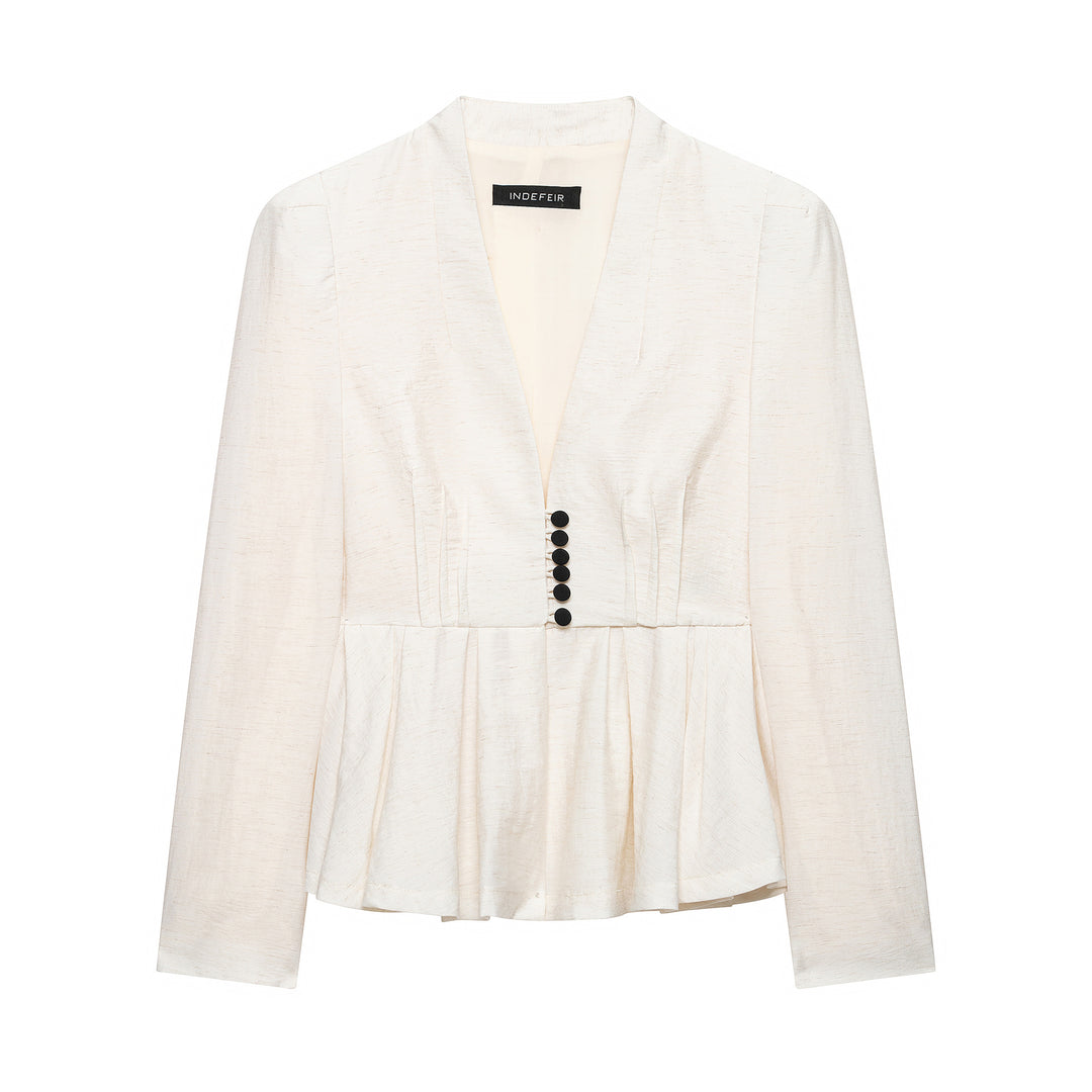 Damen Taillierte Blazerjacke mit tiefem V-Ausschnitt, Plissée‑Peplum und dekorischer Knopfleiste Shop Nory