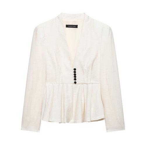Damen Taillierte Blazerjacke mit tiefem V-Ausschnitt, Plissée‑Peplum und dekorischer Knopfleiste Shop Nory