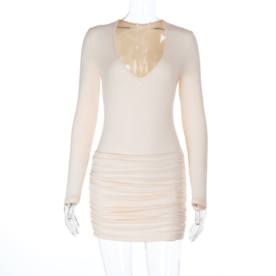 Damen figurformendes Langarm‑Minikleid mit tiefem V‑Ausschnitt und taillierter Raffung Shop Nory