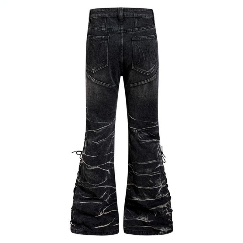 Damen hochgeschnittene ausgestellte Jeanshose mit Knopfleiste und seitlichen Schnürungen Shop Nory