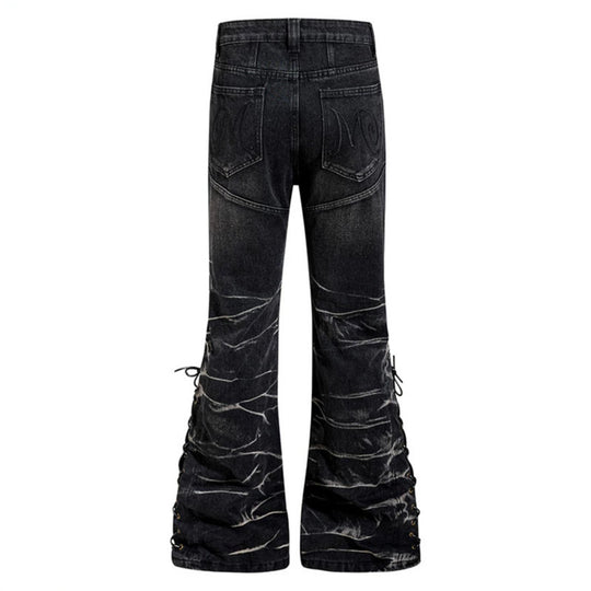 Damen hochgeschnittene ausgestellte Jeanshose mit Knopfleiste und seitlichen Schnürungen Shop Nory