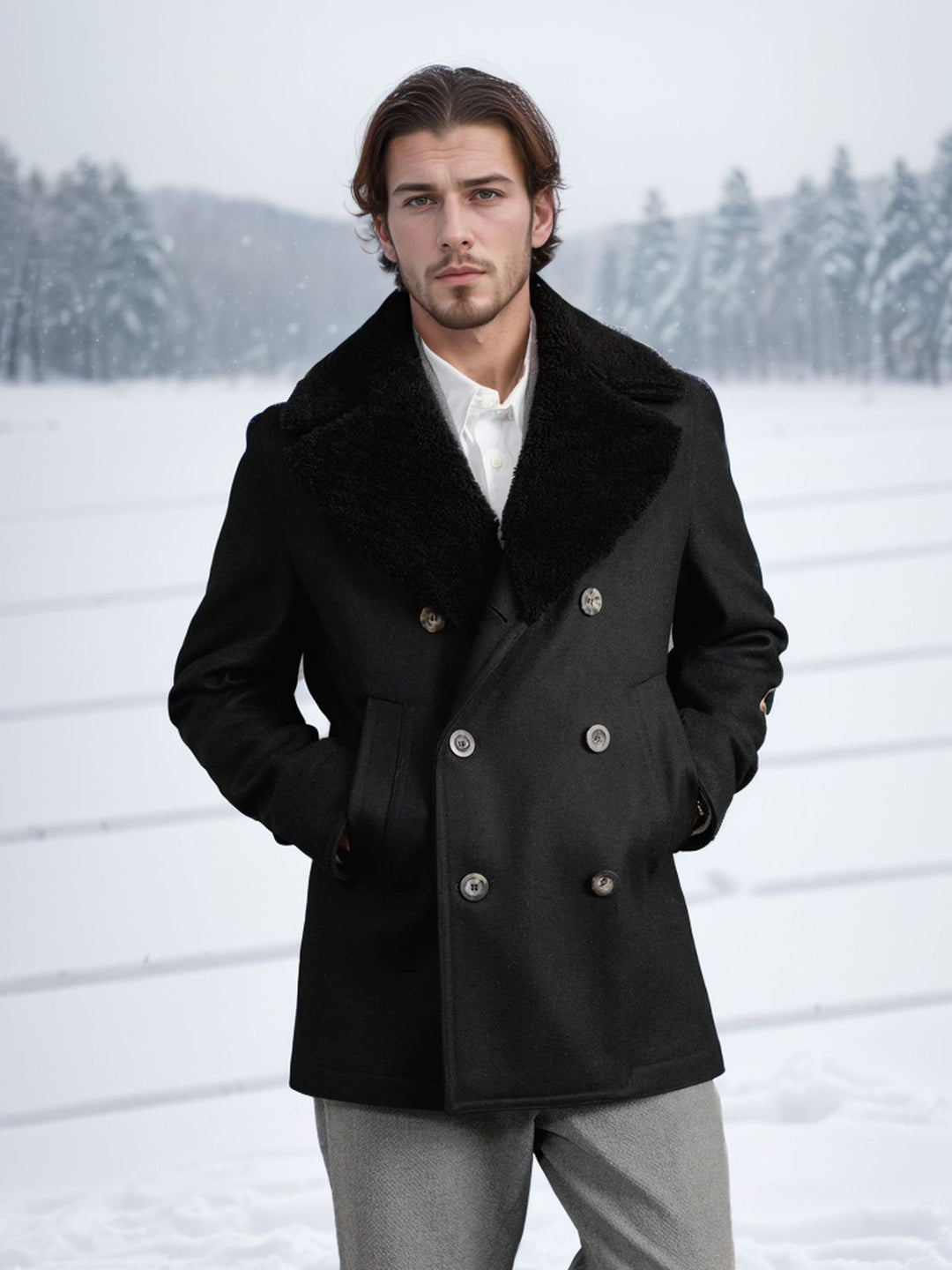 Herren Kurzmantel im Pea‑Coat‑Stil aus Wollmix mit voluminösem Teddykragen und Eingrifftaschen Shop Nory