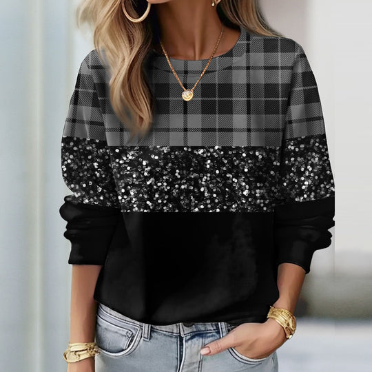 Damen Sweatshirt mit Karomuster, Pailletten-Band und lockerem Saum Shop Nory