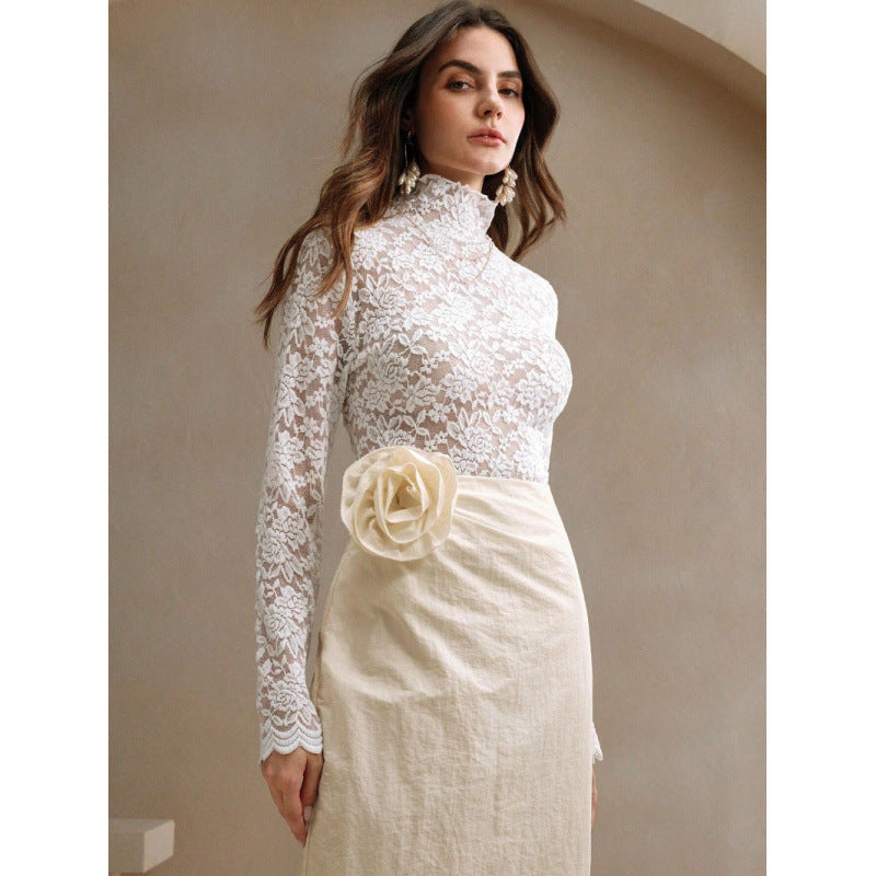 Damen Spitzenoberteil mit hohem Kragen und filigranem Blumendesign