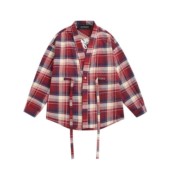 Damen Oversize Karo-Hemdjacke mit Kimono‑Schnitt, Tunnelzugbändern und aufgesetzten Taschen Shop Nory