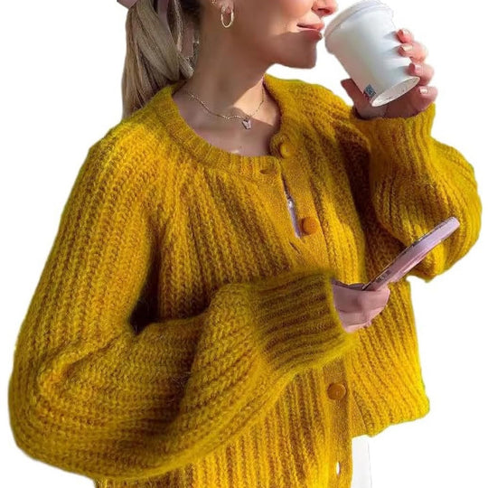 Damen Oversize Mohair-Effekt Strickjacke mit Rippenstruktur und Rundhalsausschnitt Shop Nory