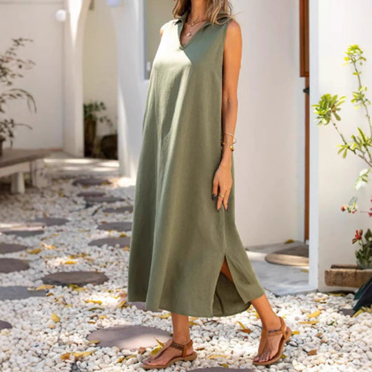Damen Langes Sommerkleid mit klassischem Kragen und seitlichen Schlitzen