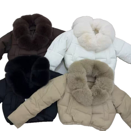 Damen nan kurze taillierte Pufferjacke mit voluminösem Kapuzenkragen und abnehmbarem Fellbesatz Shop Nory