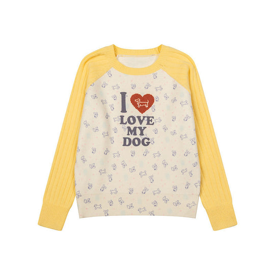 Damen Gestrickter Raglanpullover mit Herz‑Hundemotiv, Rippärmeln und Allover-Print Shop Nory