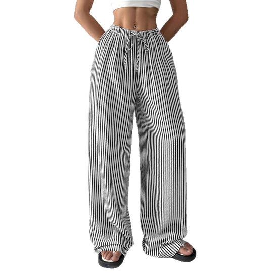 Damen Weite Highwaist-Hose mit Tunnelzug Streifen-Leinenoptik und Eingrifftaschen Shop Nory