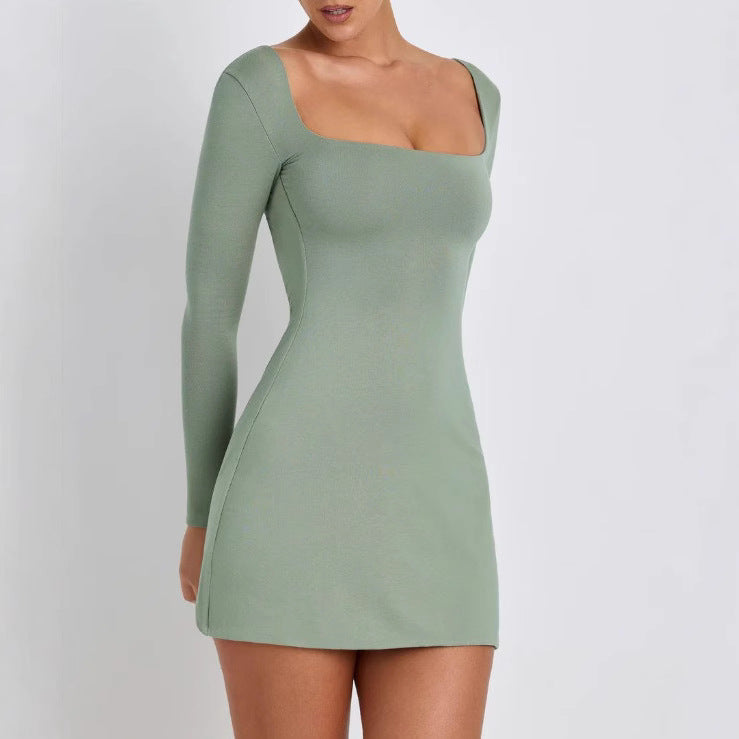Damen elegantes Minikleid mit weitem U-Ausschnitt und langen Ärmeln Shopnory