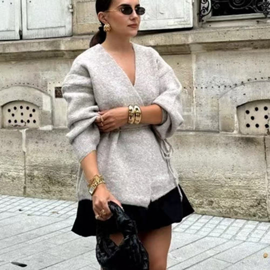 Damen Wickel-Cardigan aus grob gestricktem Wollmix mit V‑Ausschnitt und Ballonärmeln Shop Nory