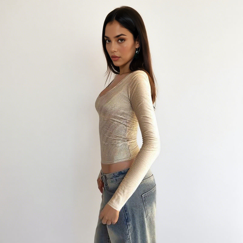 Damen schimmerndes Langarmshirt mit elegantem Rundhalsausschnitt und figurbetontem Schnitt