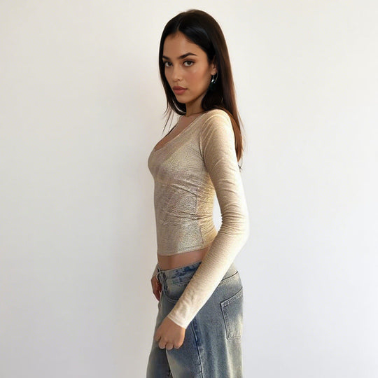 Damen schimmerndes Langarmshirt mit elegantem Rundhalsausschnitt und figurbetontem Schnitt