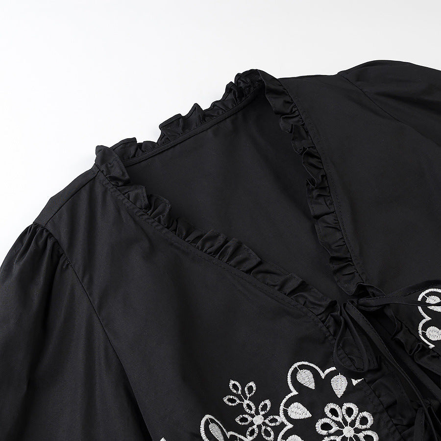 Damen Besticktes Kurzbolero mit Rüschen-V-Ausschnitt und Schnürverschluss Shop Nory