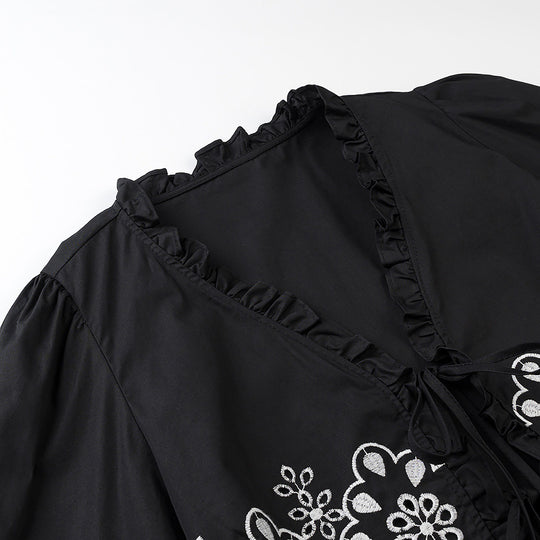 Damen Besticktes Kurzbolero mit Rüschen-V-Ausschnitt und Schnürverschluss Shop Nory