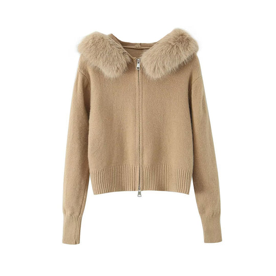 Damen Kurzgeschnittene Strickjacke mit Reißverschluss und abnehmbarem Kunstfellkragen Shop Nory