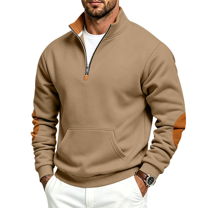 Herren Troyer-Pullover mit halbem Reißverschluss, Kängurutasche und Ellbogen-Patches Shop Nory