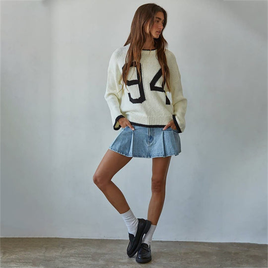 Damen Grobstrick-Pullover mit Rundhalsausschnitt, Kontrastbesatz & Oversized-Silhouette Shop Nory