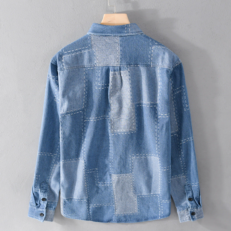 Herren Patchwork-Hemdjacke aus strukturiertem Denim mit sichtbarer Naht und Brusttasche Shop Nory