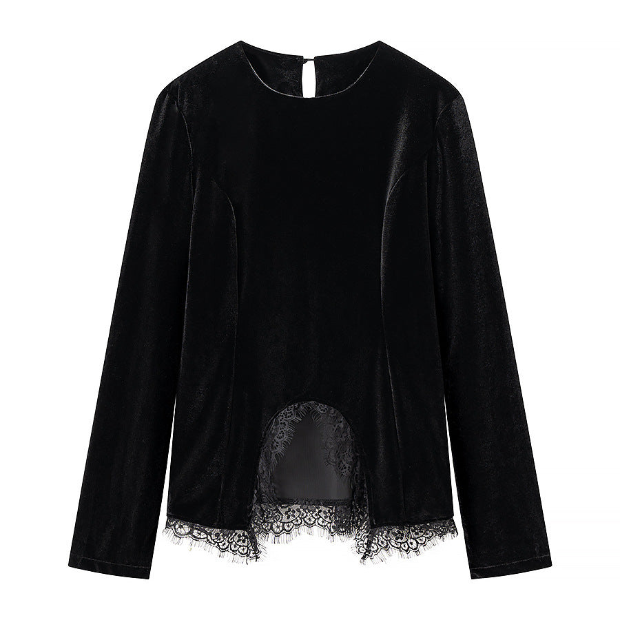 Damen Samt-Langarmshirt mit Spitzenbesatz und gewölbtem Saum Shop Nory