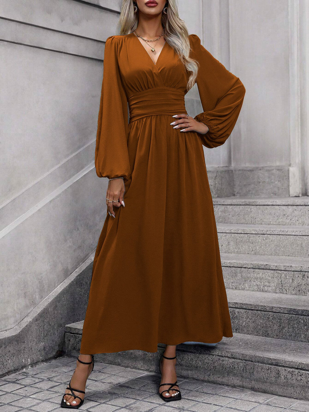 Damen Grecian-Maxikleid Ballonärmel Seitenschlitz