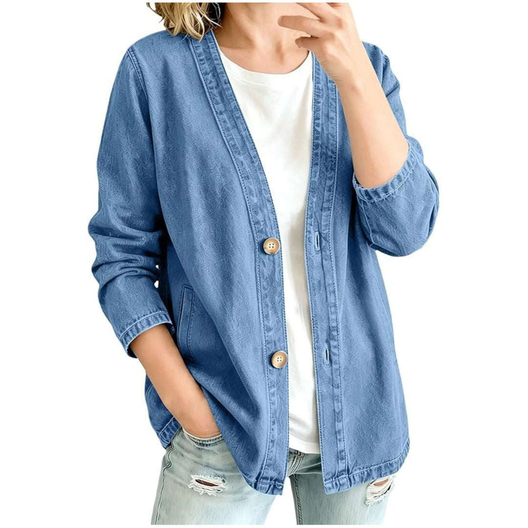 Damen Oversize Jeansjacke im Kimono-Stil mit Holzknöpfen Shop Nory