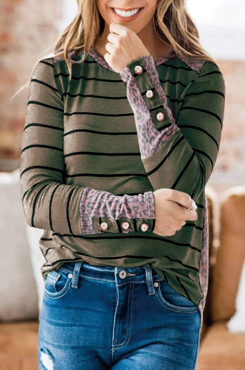 Damen Lässiges Streifen‑Langarmshirt mit Knopfmanschetten und Leo‑Kontrast Shop Nory