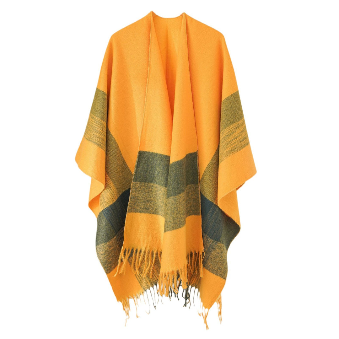 Damen Kuscheliger Oversize Poncho mit Fransen und Blockstreifen Shop Nory