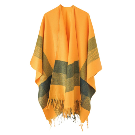 Damen Kuscheliger Oversize Poncho mit Fransen und Blockstreifen Shop Nory