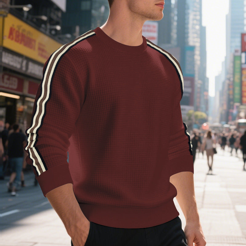 Herren Waffelstrick-Pullover mit kontrastierenden Ärmelstreifen und Rundhalsausschnitt Shop Nory